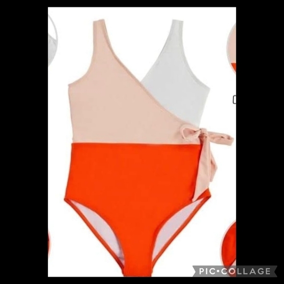 Orange,tan and white one piece swimsuit - Picture 5 of 6